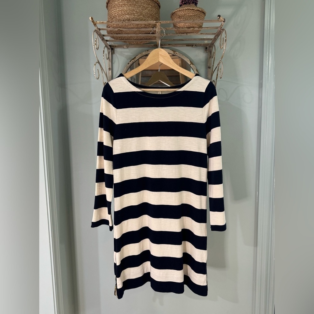 J.Crew, White and Navy Wide Striped Mini Dress w/ Zipper Detail, Cotton, Small